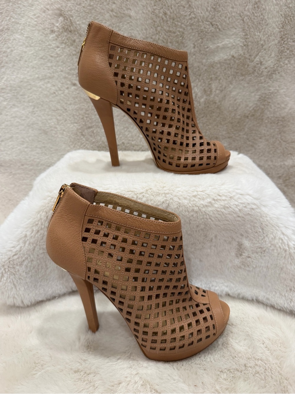 Michael Kors Tan Cutout Peep-Toe Stiletto Booties